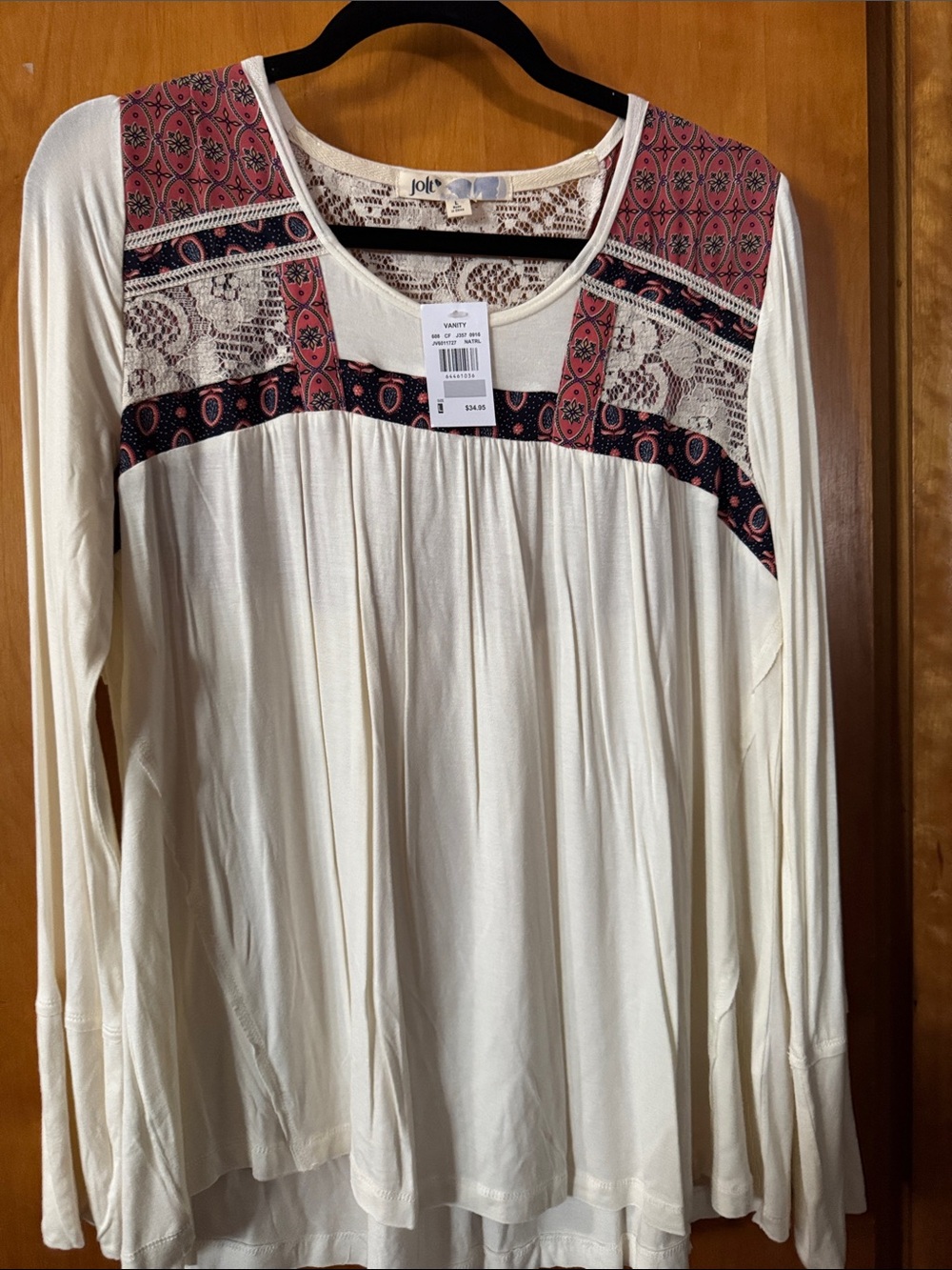 Jolt Cream Long Sleeve Top with Pink & Navy Boho Yoke